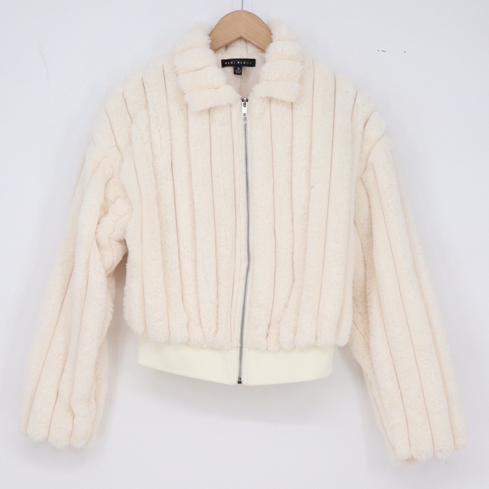 Blue Blush Jacket Womens S Cream Pleated Faux Fur Bomber Excellent